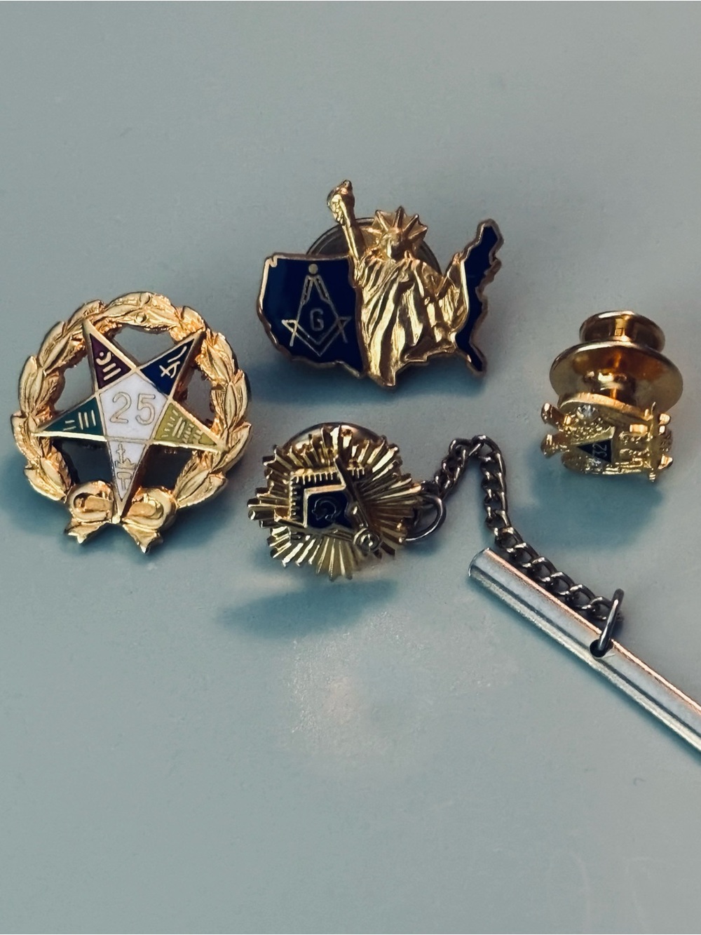 Vintage Antique Masonic Enamel Lapel Pin & Tie Tack w/ Chain Lot of 4